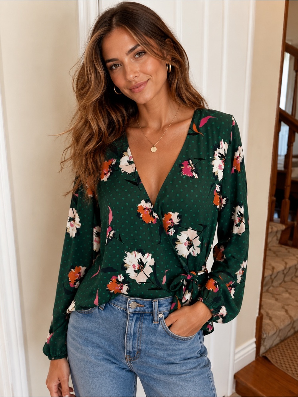 Express Green  Floral Wrap Blouse Long Sleeve Surplice Top Boho Chic Shirt